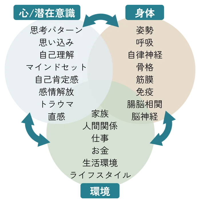 心／潜在意識・身体・環境の3つが重なり合う図