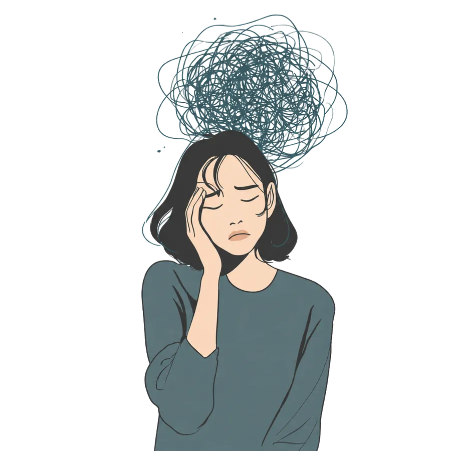 モヤモヤした思考を抱える女性のイラスト