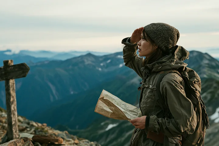 山で地図を手に迷っている女性